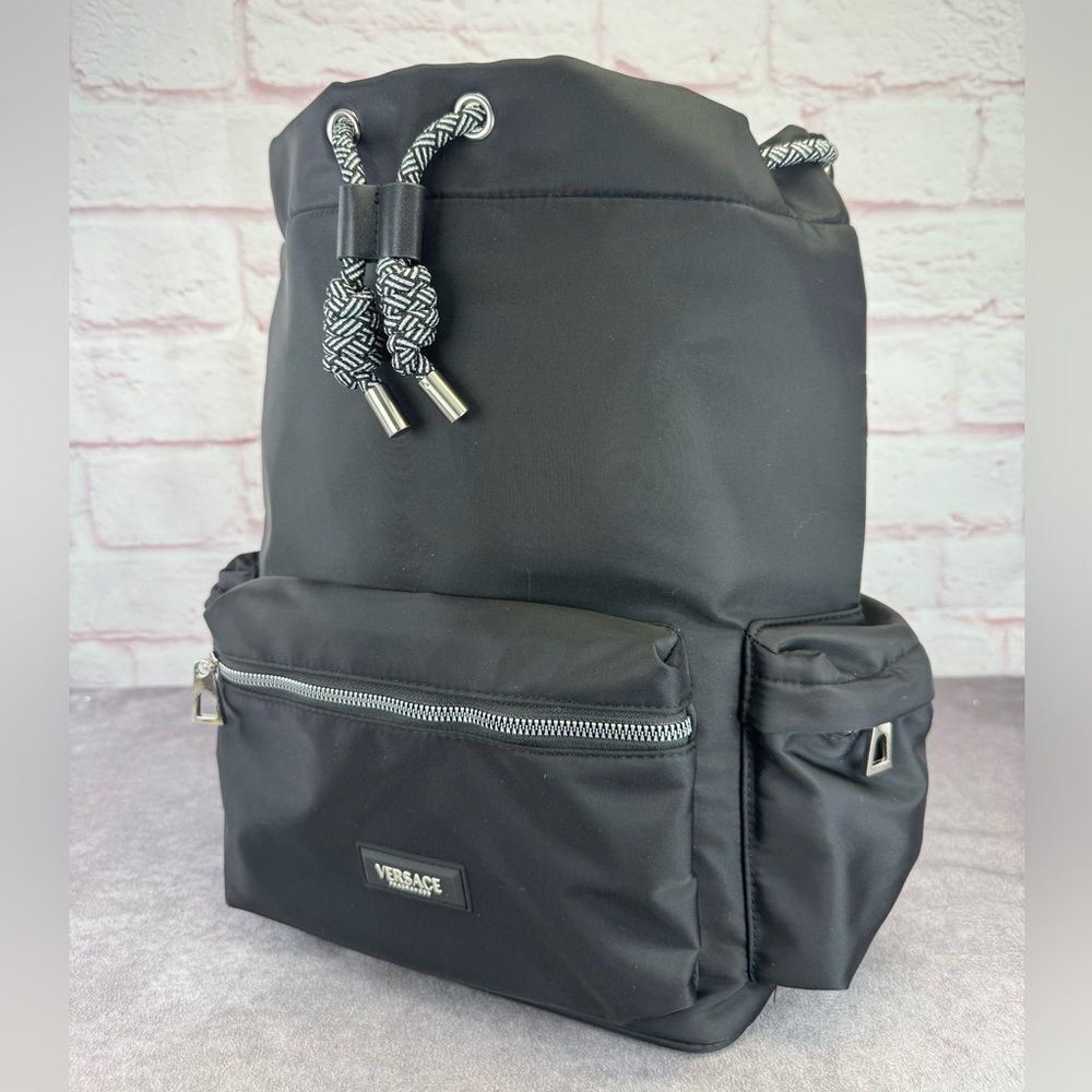 Versace Perfume Black Nylon Backpack with Silver Accents